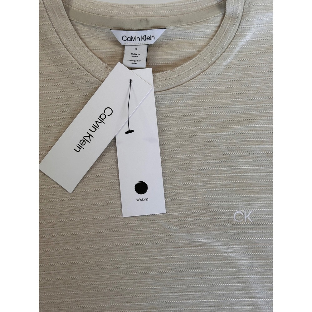 Calvin Klein Mens CK Wicking Striped T-Shirt Crew Neck Medium Tan Beige
